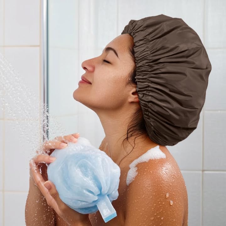 Edoneery Reusable Shower Caps for Women, Waterproof Long Hair Bonnet | Washable Design, Wide Elastic Band, Large Fit, Holds Long Hair, Braids Friendly, Bath Accessories, Spa, Travel - color: Dark Coffee