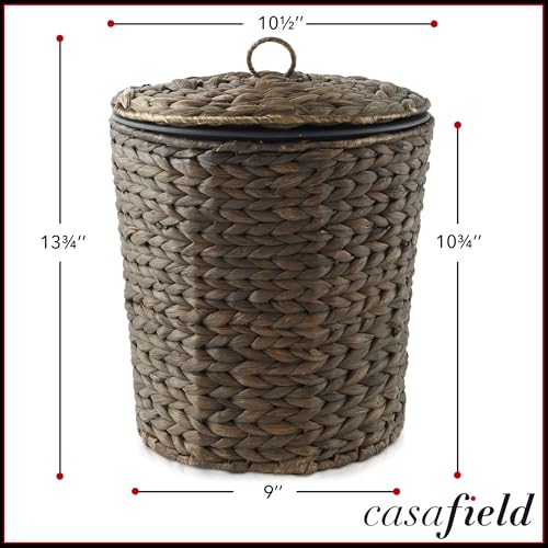 Casafield Water Hyacinth Trash Can with Lid and Liner - Espresso Brown, Woven Wicker Waste Basket for Bathroom, Bedroom, Laundry Room, Home Office