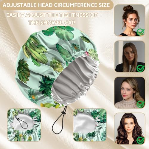 Shower Cap Adjustable Waterproof Double Layer Elastic Reusable Hair Bath Cap Cute Aesthetic for Women Girls-Cactus - color: R14-Cactus