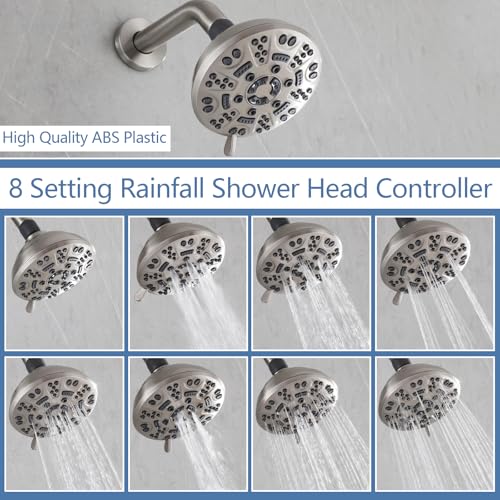 2 Handle Shower Faucet,Wall Mounted Two Handles Shower Faucet Set with 8 Modes Rainfall Shower Head,2 Knobs Single Function Shower Trim Kit with Rough-in Valve,Brushed Nickel - color: Brushed Nickel, style: 2 Handles-Single Function