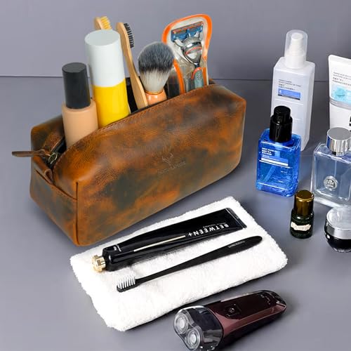 Full Grain Leather Toiletry Bag for Men – Handmade Travel Kit, Small Leather Shaving & Toiletry Organizer, Durable Waxed Canvas Lining (Tan)