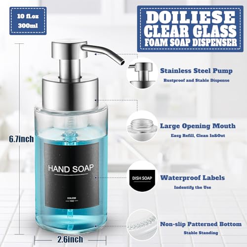 Glass Foaming Hand Soap Dispenser, 10 oz Easy Refill Bathroom Soap Dispenser, Foaming Dispenser with Stainless Steel Pump & Waterproof Labels, Foam Soap Pump Bottles for Handwashing, 2 Sets - color: Brushed Nickel Foam 2pc