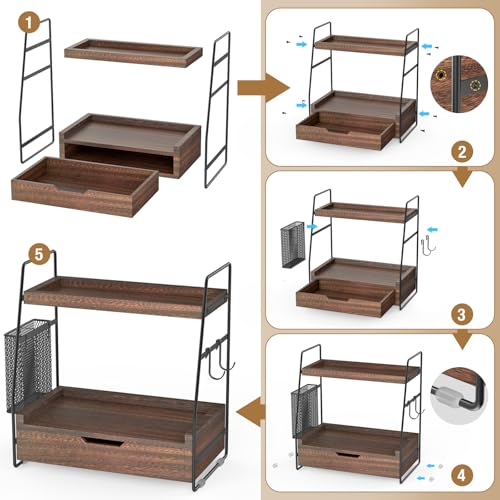 2-Tier Bathroom Counter Organizer with Drawer and Removable Basket, Wood Vanity Countertop Storage for Perfume, Makeup, Skincare, Bathroom Counter Shelf, 13" x 7.9" x 14.5", Dark Brown - color: Dark Brown
