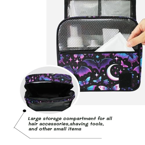 MNSRUU Hanging Toiletry Bag Neon Purple and Bats Stars and Moons Travel Makeup bag for Toiletries Portable Travel Toiletry Organizer Cosmetic Bags with Hanging Hook - color: Bats A8889