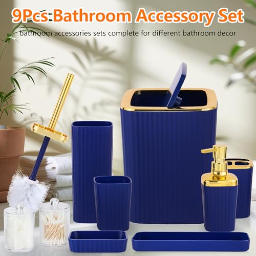Bathroom Accessory Set,9 Pieces Navy Blue Bathroom Accessories Set with Trash Can, Toothbrush Holder, Soap Dispenser, Toothbrush Cup, Vanity Tray, Soap Dish, Toilet Brush, Qtip Holder - color: Navy Blue