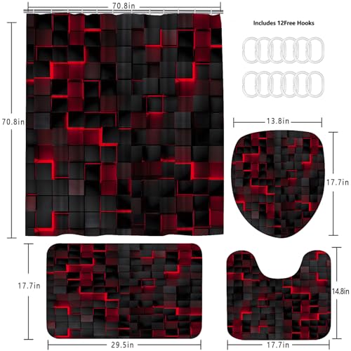 LQCOOL 4Pcs Shower Curtain Set Black 3D Cubes Shower Curtain Set Modern Bathroom Sets with Shower Curtain and Rugs Red Shower Curtain with 12 Hooks - color: Black Red