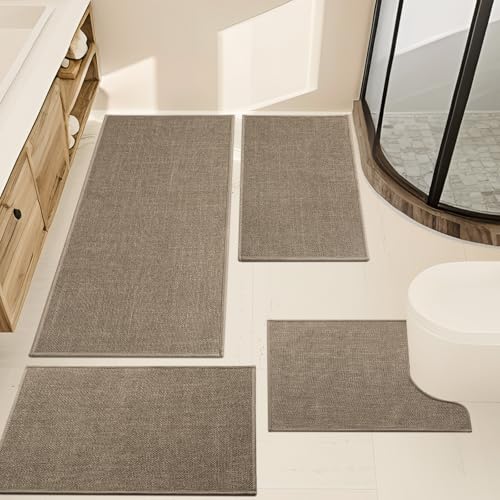 YIHOUSE Brown Bathroom Rug Sets 4 Piece, Dark Beige Absorbent Bath Mat for Bath Room Non Slip Washable,Bathroom Mat Quick Dry, Thin Bath Rug Set for Toilet and Floor - color: Brown, size: 4 Piece