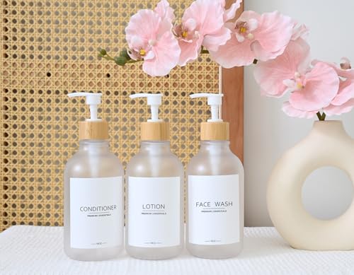 Frosted Plastic Shampoo and Conditioner Bottles, Apothecary Dispenser Bamboo Pump, Refillable Bottles for Shower Lotion, Oil, Hand Soap, Sanitizer, Liquid Soap, Set of 3 with 9 Labels (3, Matte Clear) - color: Matte Clear