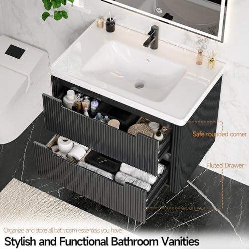 ONBRILL Modern Bathroom Vanity with Sink Combo, Curved Floating Bath Vanity with 2 Drawers, Wall Mount Bathroom Vanities with Integrated Ceramic Sink for Small Space, Apartment (Black, 32“) - color: Black, size: 32“