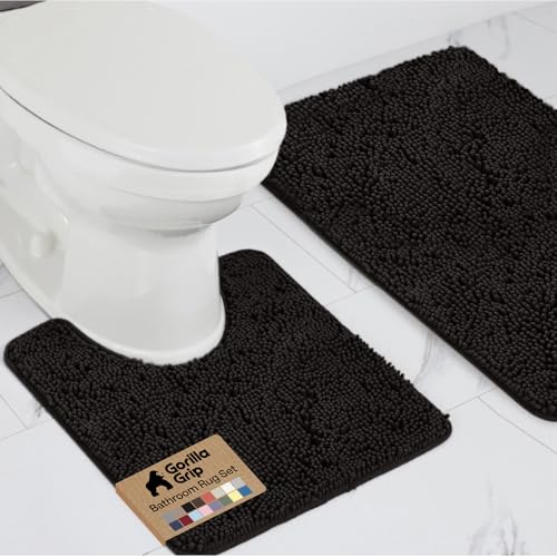 GORILLA GRIP Bathroom Rug Sets, Soft Chenille 2 Piece Area Rugs Set, Toilet Base Mat and 30x20 Carpet, Absorbent Microfiber Washable Mats Dry Quickly, Home Décor and Bath Room Accessories, Black - color: Black, style: 30"x20" + Oval 24"x19.5" - 2 Pack