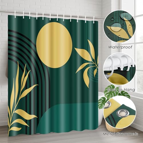 Boho Mid Century Shower Curtain Set with Toilet Lid Cover and Non-Slip Rugs, Abstract Geometric Dark Green 4 Pcs Modern Minimalist Shower Curtain for Bathroom Set with 12 Hooks - color: Boho Dark Green