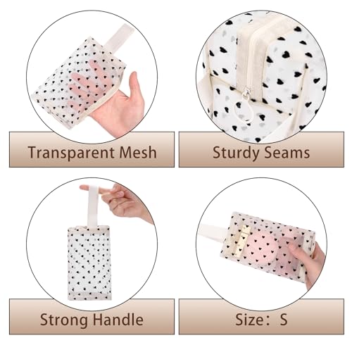 6 Pieces Zipper Mesh Makeup Bags Set, Nylon Cosmetic Bags Portable Clear Toiletry Bas Travel Organizer Bags for Office Travelling Organization (Beige Heart Printed, Assorted Size) - color: Beige Heart Printed