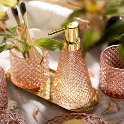 EMPO 5Pcs Diamond Glass Bathroom Accessories Complete Set, Triangle Vintage Lotion Dispenser, Soap Dish, Toothbrush Holder, Tumbler, Cotton Swab Jars, Modern Decor, Housewarming Gift Set (Fresh Pink) - style: Diamond Fresh Pink Set
