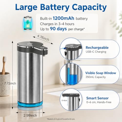 Automatic Liquid Soap Dispenser, Touchless Rechargeable Soap Dispenser for Kitchen & Bathroom, Stainless Steel, 4 Adjustable Foam Levels, USB-C, Waterproof, 12oz/350ml(Stainless Steel Liquid) - color: St-01 Liquid Gray