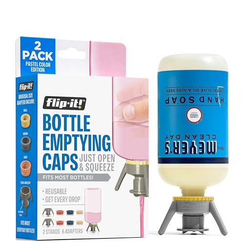 Flip-It! 2-Pack Premium Bottle Emptying Kit – No more wasted product - Fits most plastic bottles – Get out every drop of Shampoos, Lotions, & More – 2 Base Caps, 6 Adapters – Pastel Color Edition - color: Pastel, size: 2-Pack