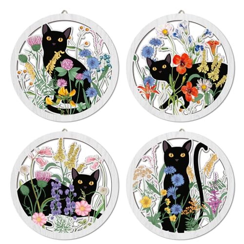 HPNIUB Funny Black Cat Wall Decor,Farmhouse Floral Wooden Signs,4 Pieces 10''x10'' Colorful Botanical Kitten Wall Art,Plant Cat Wood Plaque Home Decor for Pet Shop,Nursery,Lovely Cat Gifts - color: Black Cat&floral