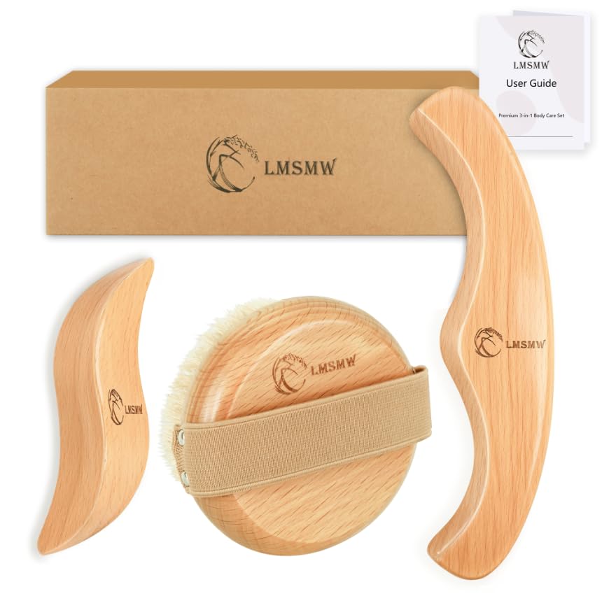 Dry Body Brush Set for Lymphatic Drainage, Round Boar Bristle Dry Brushing Body Brush with Strap, Wood Therapy Kit with Wooden Acupressure Massage Tools for Face Body Gua Sha Sculpting