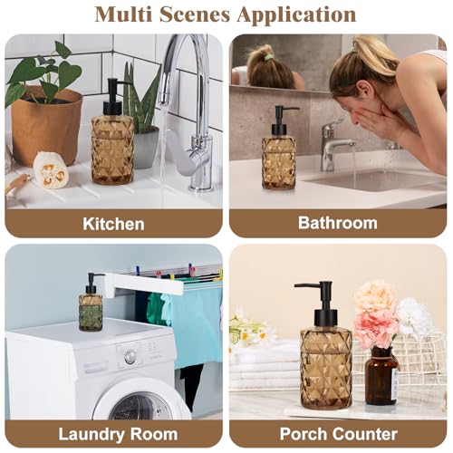 1 Pack 13.5oz Glass Soap Dispenser with Plastic Pump, Diamond Stripe Design Refillable Hand Soap Dispenser for Hand Wash, Bathroom and Kitchen - color: Crystal Dark Brown