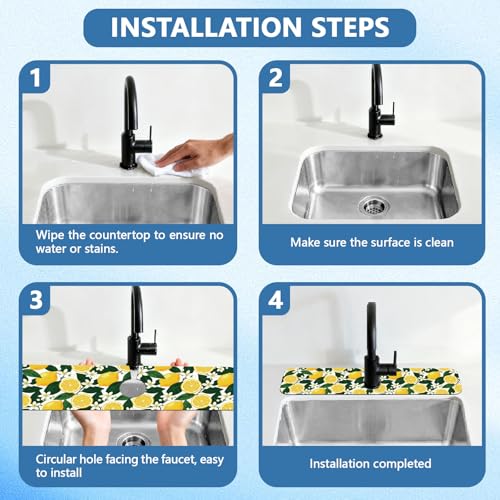 2 Pcs Kitchen Sink Splash Guard Faucet Mat Lemon Flowers and Leaves Pattern Faucet Mat for Sinks Flower Absorbing Drying Mats for Kitchen Bathroom - color: Lemon and Leves