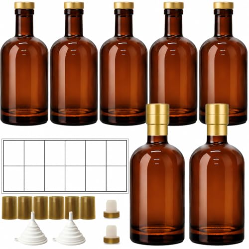 TBWIND 7 Pack 16oz/500ml Amber Glass Bottles with T-Top Corks | Airtight refillable brewing bottles. For kombucha, limoncello, syrups & homemade spirits. Includes funnels & labels - color: 16oz/ 500ml, size: Amber