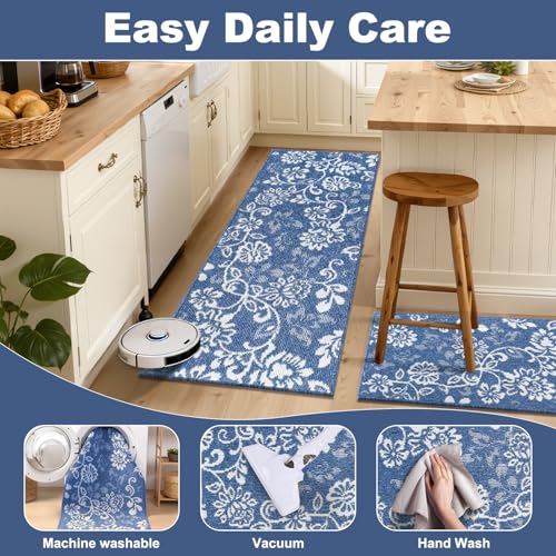 LOKHOM Boho Kitchen Rugs Sets of 3, Non Slip High-Low Textured Kitchen Mats for Floor with Rubber Backing, Paisley Floral Washable Carpet Runner for Hallways Entryway Laundry Sink (Denim Blue & White) - color: Denim Blue, size: 24"x35"+24"x48"+24"x60"