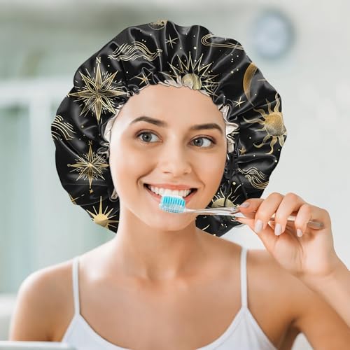 Luxury Shower Cap Silk Satin Lined Waterproof Reusable Adjustable Elastic Dry Hair Bathing Caps Cute for Women Girls-Sun Moon - color: C-10-Sun Moon