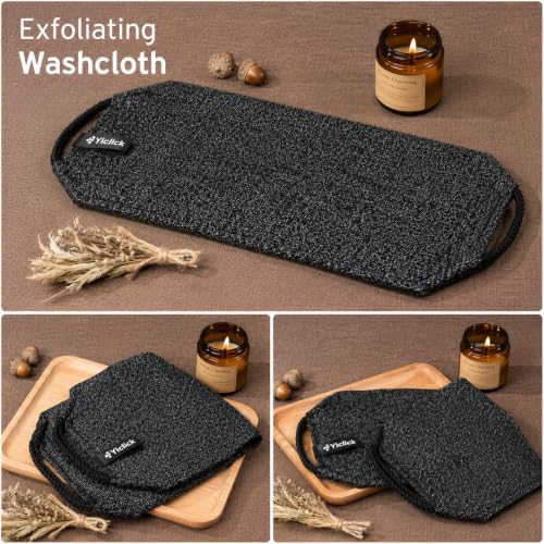 Yiclick Exfoliating Washcloth Towel with Handle, Back Scrubber for Shower, Exfoliating Body Scrubber Exfoliator, Japanese Wash Cloth for Body Scrub, Bath Sponge Loofah Luffa Washer Exfoliator - color: Charcoal
