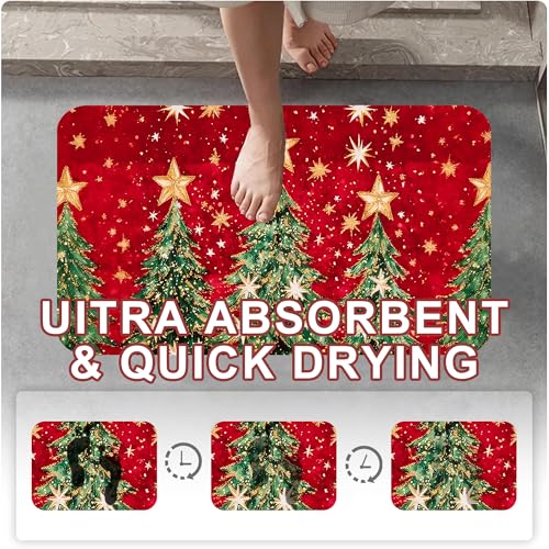 Identiy Christmas Bath Mat, Red Christmas Tree and Stars Bathroom Rug, Soft Super Absorbent Machine Washable Quick Dry and Non-Slip Bathtub Mat for Tub Shower Bathroom Floor 17"x29.5" - color: Red Christmas Tree and Stars