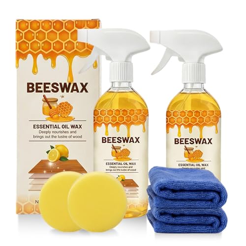 Beeswax Wood Polish Spray, 2026 Upgrade Natural Beeswax Essential Oils Wax, Bees Wax Furniture Polish and Cleaner Kit with Sponge and Towel for Wood Furniture Floors Living Room Kitchen (2 PCS) - color: 2 PCS