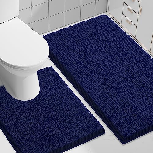 Smiry Bathroom Rugs Set 2 Piece, Soft Absorbent Chenille Bath Mat and U-Shaped Toilet Rug Set, Non Slip Shaggy Bath Carpet for Tub, Shower and Floor (30x20+24x20, Navy Blue) - color: Navy Blue, size: 30"x20"+ U Shape 24"x20"
