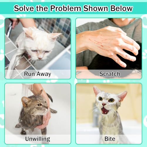 JULMELON Cat Bathing Bag Kit Adjustable Mesh Cat Washing Bag with Nail Clippers Nail File Brush Comb Tick Remover Tool Pet Grooming Bag for Cats and Small Dogs - color: Black+Green