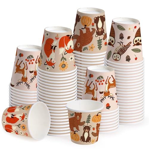 WRAPAHOLIC 3oz Woodland Animal Paper Cups - 100 Pack Disposable Bathroom Cups with Fox, Bear, Deer and Owl 4 Designs, Small Mouthwash Cup for Toothbrush Rinse, Home Bathroom, Fall and Baby Shower - color: Fox/Bear/Deer/Owl