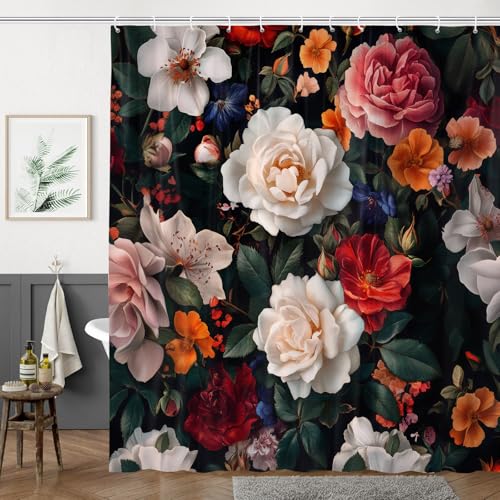 Vintage Black Floral Shower Curtain, Boho Dark Flowers Botanical Bathroom Decor Shower Curtain Sets, Waterproof Fabric Bathroom Curtain with Hooks, 72 x 72 inch - color: Floral Black, size: 72"W x 72"L (Pack of 1)