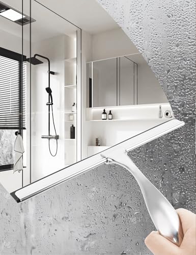 All-Purpose Stainless Steel Shower Squeegee Come with S Hook, 2 Square Sticky Hook 2 Rubber Strips Shower Squeegee for Glass Doors, Windows, Mirrors, Tiles and Car Glass -14 Inches Silver - size: 14"Wx 7.09"H