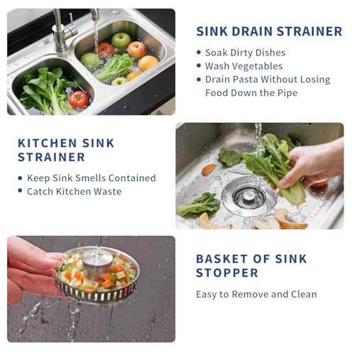 3-in-1 Kitchen Sink Drain Strainer - Pop Up Sink Stopper, Stainless Steel Sink Drain Strainer, Kitchen Sink Stopper & Drain Plug with Anti-Clogging Basket,Sink Strainer Fits US Standard 3-1/2'' Drains - color: Sus304 Brushed 1pack