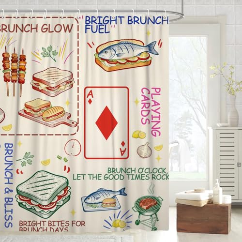 Fabric Shower Curtain with Hooks, Waterproof & Washable & Polyester, Funny Doodle Brunch Card Fish Grilled Meat Shower Curtains for Bathroom, Unique Art Deco Bathroom Curtain, House Gift, 71x74 Inch - color: Brunch Graffiti