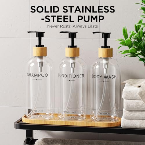 Shampoo and Conditioner Dispenser Set,Shower Soap Dispenser for Bathroom,Refillable Shampoo and Conditioner Bottles with Bamboo Pump and Tray,Soap Dispenser Bathroom for Shower (Transparent, 3-Pack) - color: Transparent