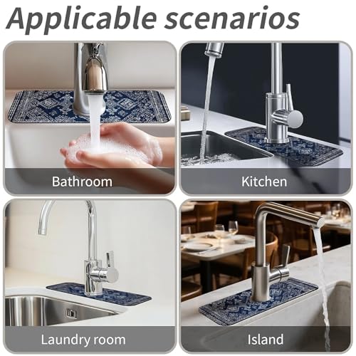 Kitchen Sink Splash Guard，Blue and White Tribal Faucet Mat Sink Gadgets-Super Absorbent Fast Drying Mat Drip Catcher for Kitchen, Bathroom,Sink Mat, Dish Drying Mat, Bathroom(15" X 5.5" )
