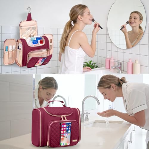 Tealari Large Toiletry Bag for Women Men,Bathroom Bag,Water Resistant Shower Bag,Makeup Bag,Toiletry Bags for Traveling,Hanging Toiletry Bag with Transparent Waterproof Phone Pocket - color: Wine Red