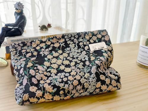 HAPPYHEIDI Women Aesthetic Makeup Bag With Compartment Accessory Zipper Pouch for Cosmetics Travel, Purse Organizer, Embroidery Lucky Flowers Black - color: 001 Black Teabreak Little Flowers Embroidery