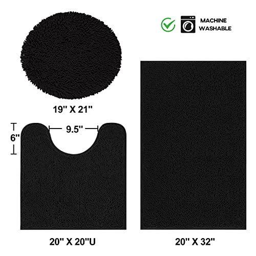 TREETONE Machine Washable Water Absorbent Bath Mat Bathroom Rugs Non Slip Soft Microfiber Mat (Set of 3-Medium 20" x 32"/Contour/Lid Cover, Black) - color: Black, size: Set of 3-Medium 20" x 30"/Contour/Lid Cover