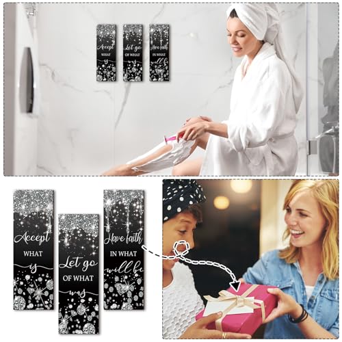 Domensi 3 Pcs Black and Silver Living Room Decorations Glitter Diamond Bathroom Wall Decor Wooden Accept Let Go Have Faith Wall Art Bathroom Decor Black Silver Shiny Drips Hanging Sign for Home Spa