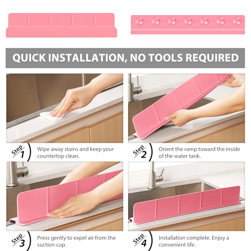23Inch Sink Splash Guard – Extended Length & Tall Silicone Kitchen Sink Splash Guard with Overhang Drainage Design & Strong Suction Cups for Countertop (Rose Pink, 23''x3.5'') - color: Rose Pink, size: 23''x3.5''