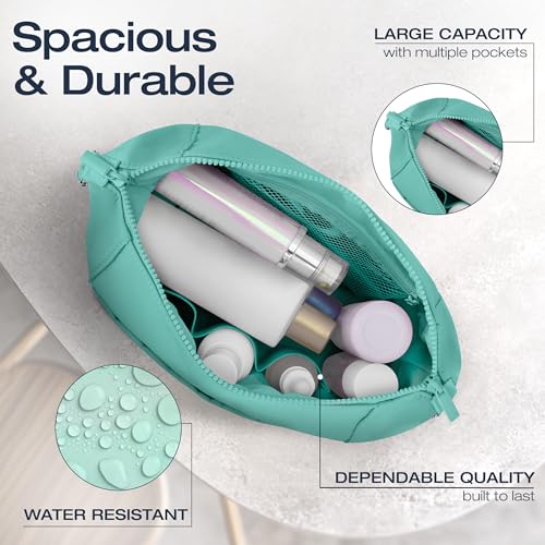 KAZAY Expandable Toiletry Bag with Side Clips for Adjustable Sizing, Premium High-Density Nylon, Open Wide Zipper, Stylish, Water Resistant, Cosmetic Bag, Makeup Bag, Full-Size Bottles, Unisex (Aqua) - color: Aqua