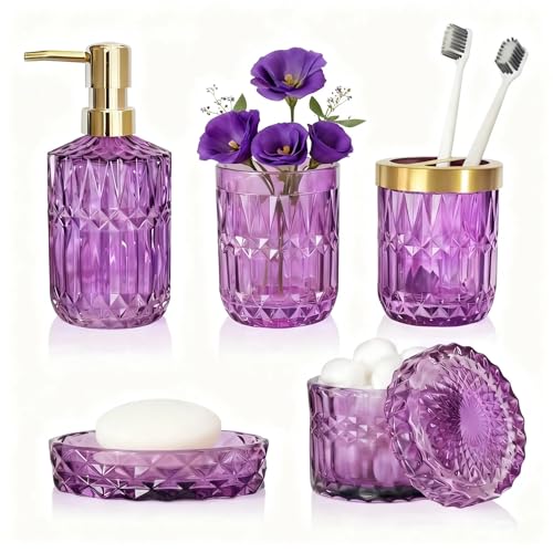 LaMrriti Purple Bathroom Accessories Set 5 Pcs, Glass Bathroom Set, Soap Dispenser and Toothbrush Holder Set, Q-tip Holder Set, Crystal Glass Vintage Bathroom Sink Set, Cute Bathroom Decor - style: Purple