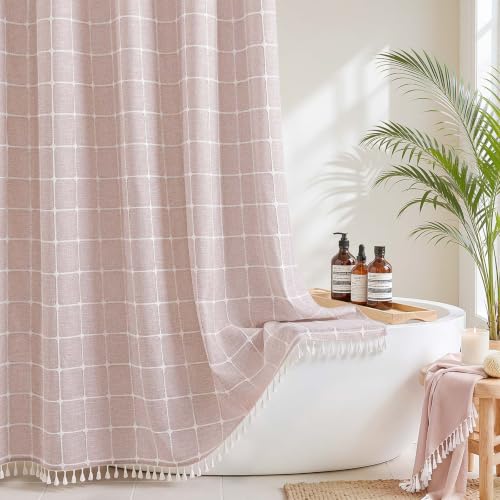 River Dream Farmhouse Pink Shower Curtain with Snap-in Liner, No Hooks Shower Curtain Set, with Tassels for Bathroom Decor,Shower Curtain and Liner with Sheer Window 71x74 Inch - color: Pink, size: 71"W x 74"L (Pack of 1)