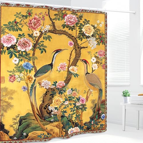 Vintage Flower Shower Curtain 60Wx72L Inch Crane Peony Vintage Retro Chinese Plant Botanical Yellow Bathroom Set Accessories Decor with 12 Pack Hooks - color: Yellow Vintage, size: 60"W x 72"L (Pack of 1)