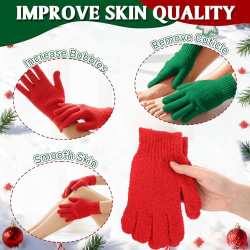 48 Pcs Red and Green Exfoliating Gloves Shower Gloves Bulk Christmas Stocking Stuffing Gifts Double Sided Body Scrub Exfoliate Glove for Women & Men Bath Shower Beauty Spa Massage Scrubber