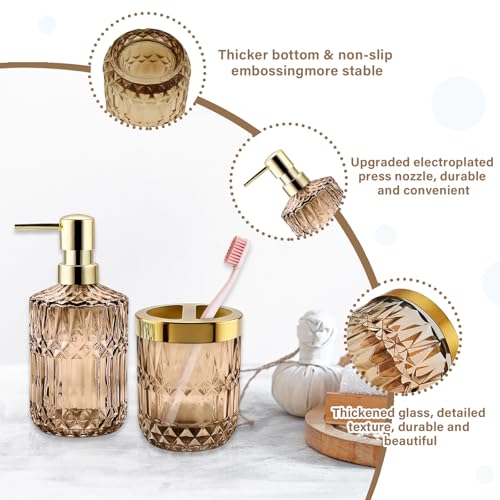 2Pcs Brown Bathroom Accessories Set, Glass Bathroom Accessories, Vintage Bathroom Countertop Decoration Includes Soap Dispenser, Toothbrush Holder - color: Brown, size: 2 Pcs