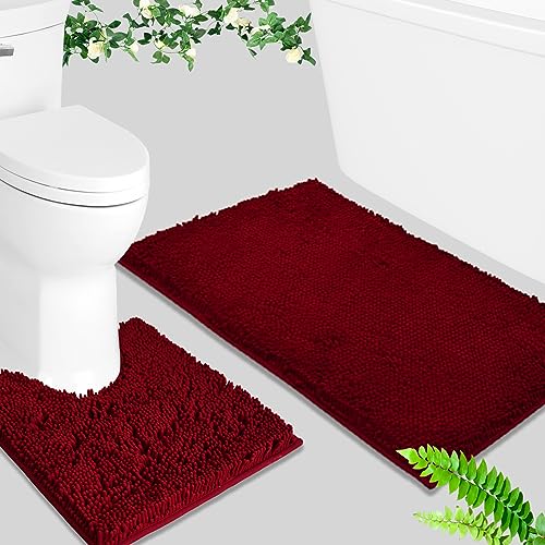 BOANKODU Bath Mat Set, 2 Piece - Soft Chenille, Non-Slip, 32x20 Inch + 20x20 Inch U Shape, Machine Washable (Burgundy) - color: Burgundy, size: 20" x 32" + 20" x 20" (U-Shape)